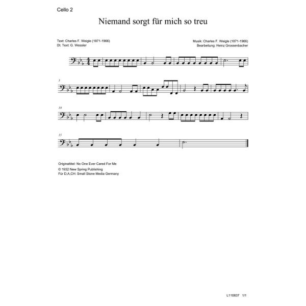 Produktbild des Artikels Niemand sorgt für mich so treu / No One Ever Cared For Me (Cello 2) (Noten - Download)