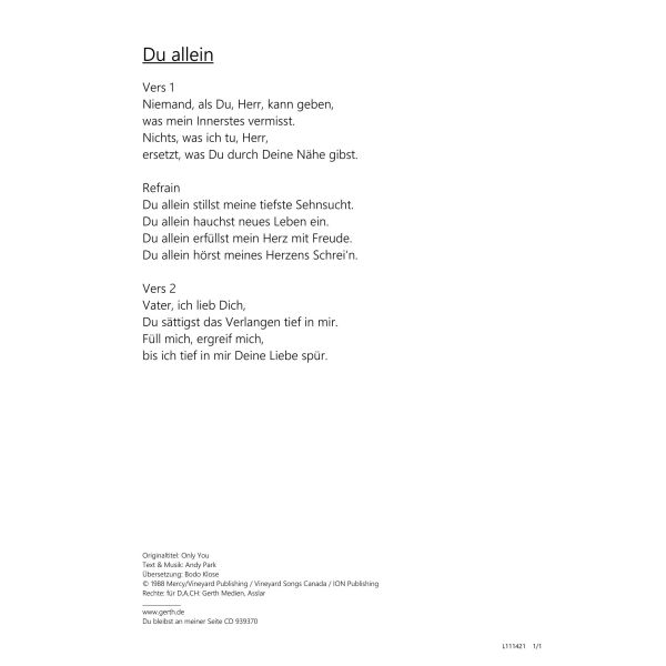 Produktbild des Artikels Du allein / Only You (Noten - Download)