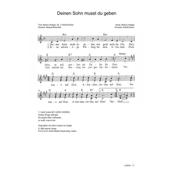 Produktbild des Artikels Deinen Sohn musst du geben / Din Sohn muesch du hingää (Noten - Download)