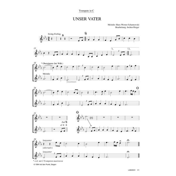 Produktbild des Artikels Unser Vater (Trompete in C) (Noten - Download)