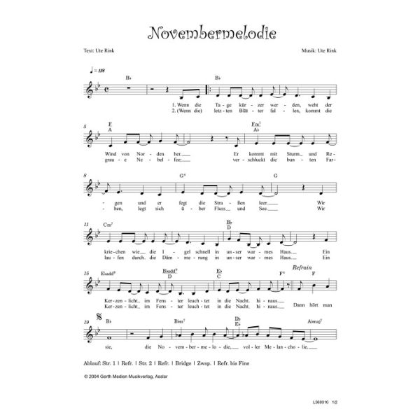 Produktbild des Artikels Novembermelodie (Noten - Download)