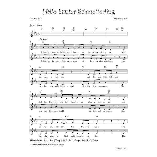 Produktbild des Artikels Hallo bunter Schmetterling (Noten - Download)