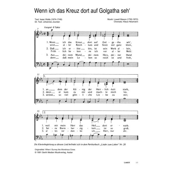 Produktbild des Artikels Wenn ich das Kreuz dort auf Golgatha seh / When I Survey the Wondrous Cross (Noten - Download)