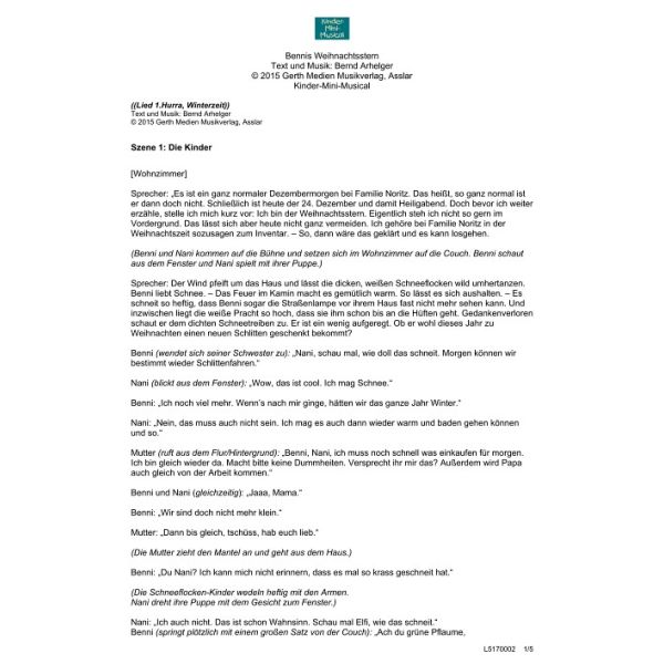 Produktbild des Artikels Bennis Weihnachtsstern (Szenentexte) (Noten - Download)