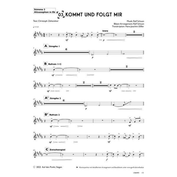 Produktbild des Artikels Kommt und folgt mir (Altsaxophon in Eb) (Noten - Download)