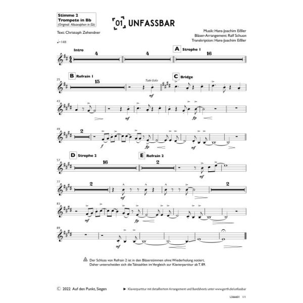 Produktbild des Artikels Unfassbar (2., Trompete in Bb) (Noten - Download)