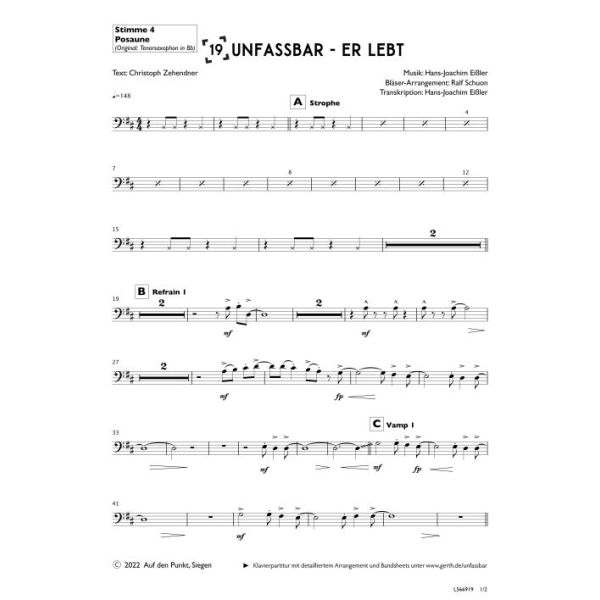 Produktbild des Artikels Unfassbar - Er lebt (Tenorsaxophon in Bb) (Noten - Download)