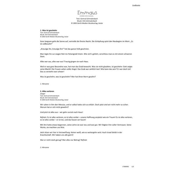 Produktbild des Artikels Emmaus (Liedtexte) (Noten - Download)