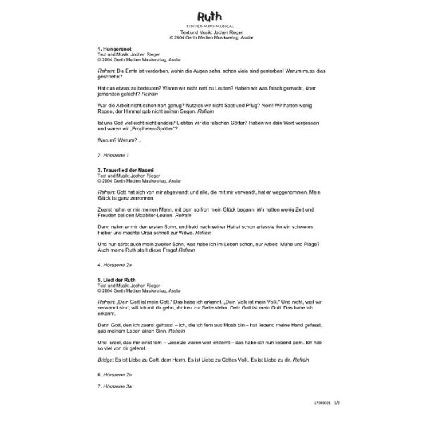 Produktbild des Artikels Ruth (Liedtexte) (Noten - Download)