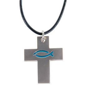 Kette "Kreuz mit Ichtys-Fisch" - blau